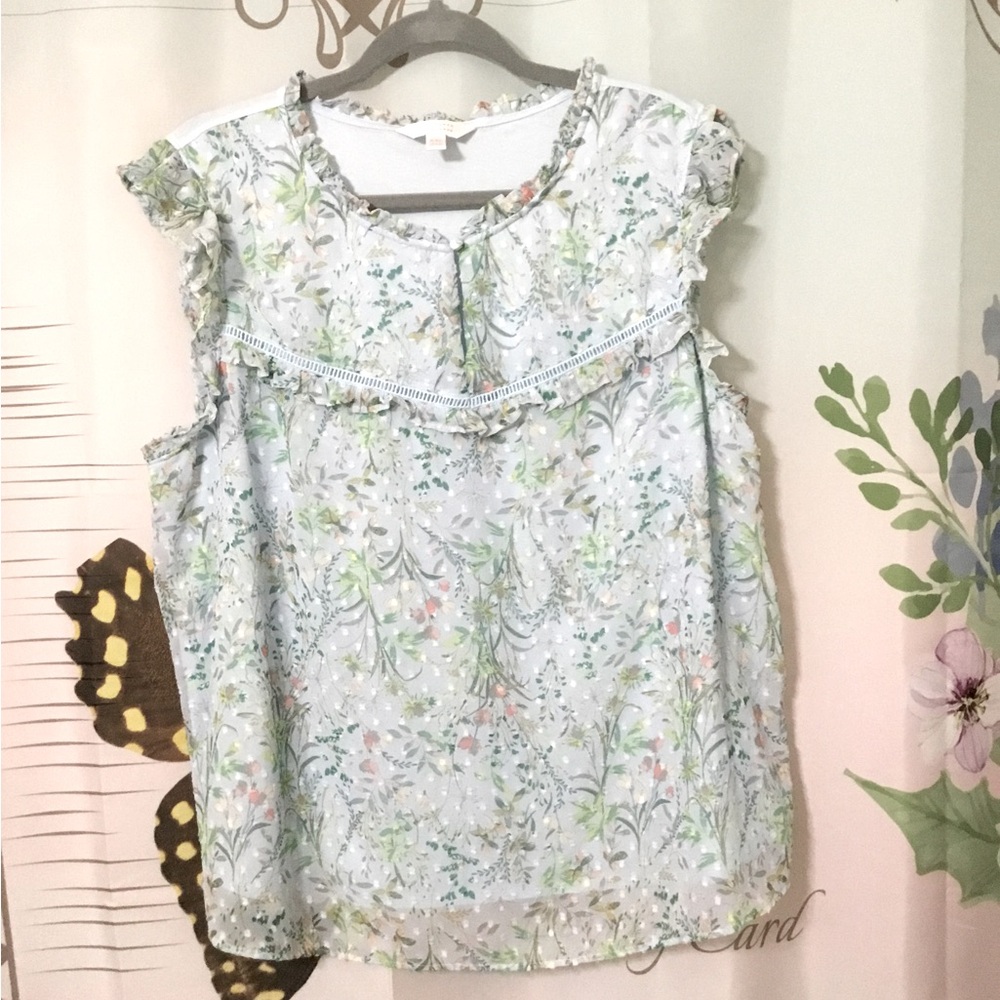 Lauren Conrad Light Blue Floral Print Flutter Sleeve Blouse~Size XXL